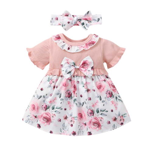 Toddler Girls Dress Summer Short Sleeve Ribbed Floral Print Dress Princess Dresses + Headbands 2 Piece Sets For 12-18 Months