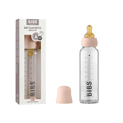 BIBS Baby Glass Bottle Complete Set 225 ml | BPA Free Natural Rubber | Made in Denmark | Blush