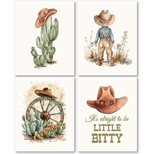 laveliabel Western Cowboy Nursery Wall Art Prints Set of 4 Unframed, Cowboy Nursery Decor, Western Wall Decor, Western Cowboy Poster Prints for Kids Boys Room Nursery Playroom Wall Decor 8x10inches