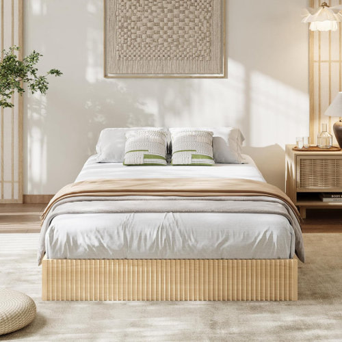 Ebern Designs Wood Bed Frame Wooden Platform Bed with Fluted Design Queen Bed Frame with Study Support Easy Assembly No Box Spring Needed Noise Free Ivory White | Wayfair