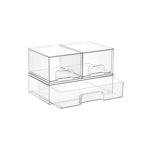 Vtopmart Stackable Storage Drawers Set of 3,Clear Plastic Organizer Bins for Makeup, Cosmetics, Beauty Supplies,Ideal for Vanity, Bathroom,Cabinet,Pantry Organization
