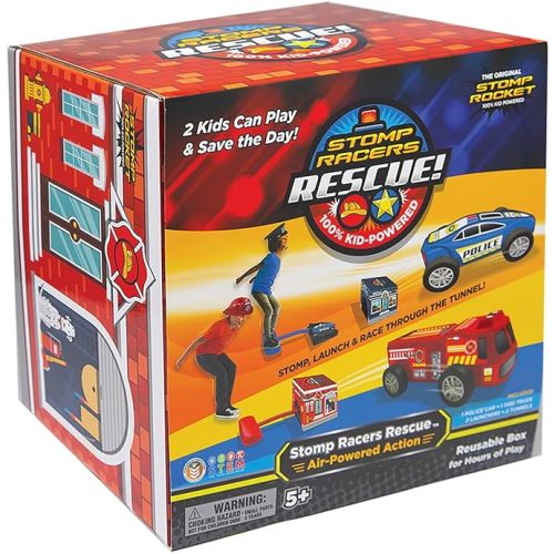 Stomp Rocket Original Stomp Rescue Racers - Dueling Race Cars for Kids - 1 Firetruck, 1 Police Car, 2 Launch Pads and 2 Tunnels - Fun Toy and Gift for Boys or Girls Age 5+ Years Old - STEM Toy