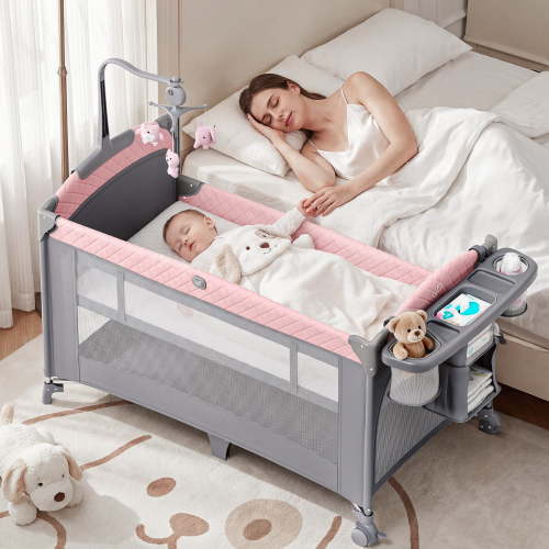 5 in 1 Baby Bassinet Bedside Crib, Easy Folding Portable Playards, Pack and Play with Mattress, Diaper Changer and Music Mobile Pink