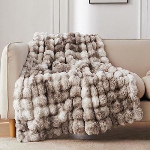 COOVA Faux Fur Throw Blanket for Couch, Cozy Soft and Fuzzy Plush Rabbit Fur Bubble Blanket for Sofa Bedroom Living Room, 50x60 Inches Tie Dye Brown