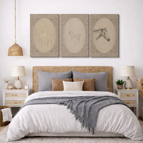 IDEA4WALL Classical " Vintage Equestrian Horse and Rider Sketch Artwork, Rustic Country Floral Wall Pictures, 3 Pieces Framed Canvas Digital Giclee Print Wall Art" & Reviews | Wayfair