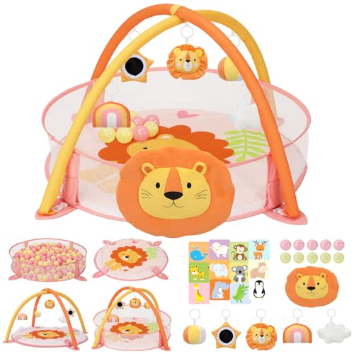 7-in-1 XL Large Baby Play Gym Mat, Tummy Time Mat, Baby Gym & Ball Pit, Baby Activity Mat with Milestone Cards & 6 Detachable Toys for Sensory Motor Skill, Lion