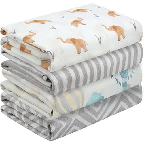 Featherhead™ 4-Pack 100% Cotton Muslin Swaddle Blankets for Baby Girl - Large 47”x 47” - Pre-Washed, Soft, & Breathable - Newborn Essential & Perfect Baby Registry Gift (4 Pack - Elephant)