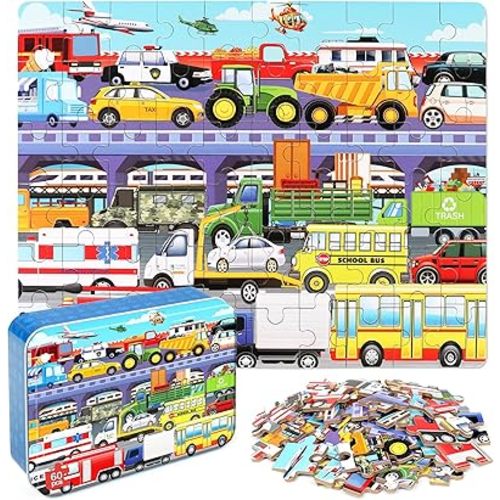 LELEMON 60 Pieces Puzzles for Kids Ages 4-8 Traffic Jam Puzzle for Boys Girls Transportation Vehicles Children Learning Educational Puzzles Portable Box Pack Toys