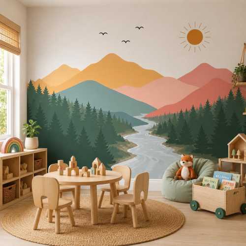 Mountain Wall Decal | Mountain Mural for Kids Room | Peel and Stick Forest Landscape Wallpaper | Nursery Wall Decal | Playroom Wall Decor