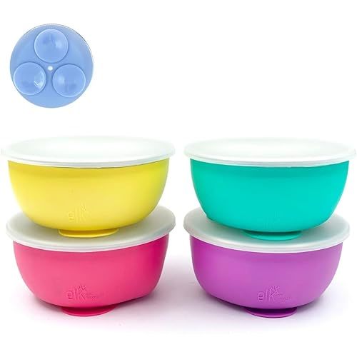 Elk and Friends Stainless Steel Bowls with Silicone Sleeve for Babies & Toddlers | Lids Included | Stay Put Suction | Cereal & Snack Bowls | 4 Pack