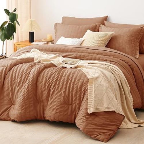 CozyLux Queen Comforter Set, 7 Pieces Pumpkin Seersucker Bed in a Bag
