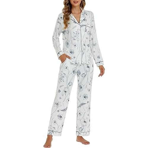 LUBOT Womens Bamboo Viscose Pajamas Super Buttery Soft 2 Piece PJ Set Button Capri Pants Long Short Sleeve Sleepwear Set