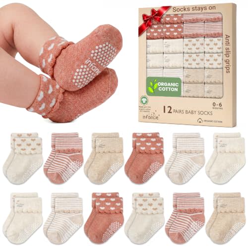 GOTS Organic Cotton Blend 12 Infant Socks 0-6 M Boys Non Slip Shower Gift | Oeko-Tex Certified, Baby Socks, 12 Pairs, Warm Baby Socks, Socks For Baby Boy, Peach & Beige, For Baby Boys, 0-6 Months,