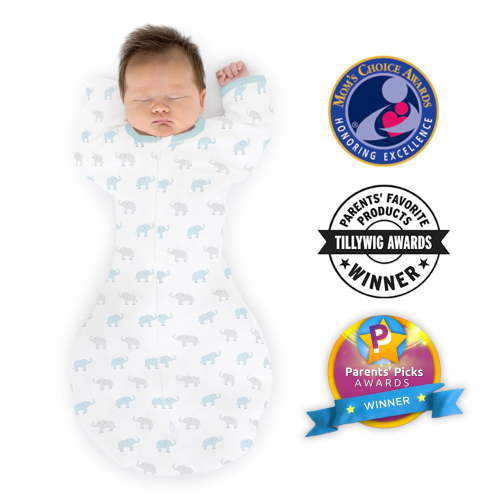 Amazing Baby Transitional Swaddle Sack with Arms Up Half-Length Sleeves and Mitten Cuffs, Better Sleep for Baby Boy, Tiny Elephants, Blue, Medium, 3-6 Mo, 14-21 lbs