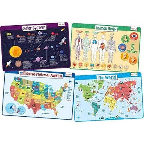 Merka Kids Educational Placemat Set 4-Pack - 17 x 11 in Multicolor Silicone - Washable & Reusable with Secure Grip Backing - Map Placemats for Kids, Solar System, Human Body, World & US Map