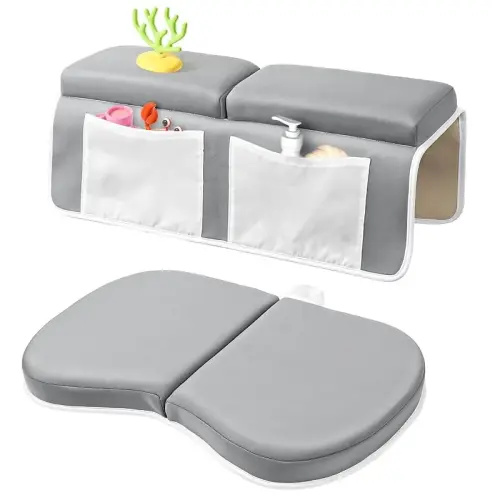 Bath Kneeler and Elbow Rest Pad Set, 1.6'' Extra Thick Bath Support for Knees and Elbows, Memory Foam Bath Mat with Toy Organizer Pockets, Quick-Dry Kneeling Pad for Bathing Baby Grey