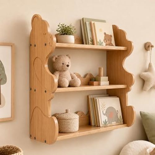 3-Tier Wall Mounted Scalloped Shelf Bear Nursery Wood Wall Shelf 3-Tier Floating Nursery Wall Shelf Wooden Cute Hanging Shelves for Room Wall Decor for Kids Room Living Room and Bedroom