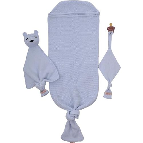 Newborn Essentials Baby Swaddle Blanket Set, 1 Piece Set (1 Pacifier Holder, 1 Cocoon Swaddle Sleep Sack, 1 Teddy Bear), Baby Blankets for Girls and Boys, 0-8 Months Baby Bedding Nursery Wrap-Blue