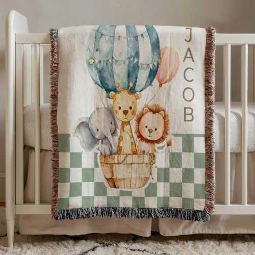 Personalized Safari Animal Baby Blanket, Hot Air Balloon Nursery Decor, Custom Name Crib Throw, Baby Shower Gift, Jungle Theme Blanket