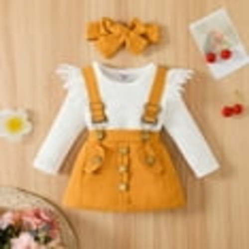 PatPat Infant Baby Girl Flutter Sleeve Knit Romper Top Suspender Skirt Headband Outfits Set,3pcs Cute Overalls Dress Newborn Fall Clothes Set,0-18month