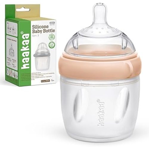 haakaa Gen. 3 Silicone Baby Bottle 160ml /5.4oz – Baby Bottles for Newborn 0M+, BPA-Free Breastfeeding Baby Bottle with Natural Latch, Slow Flow Anti-Colic Silicone Baby Bottle– Peach