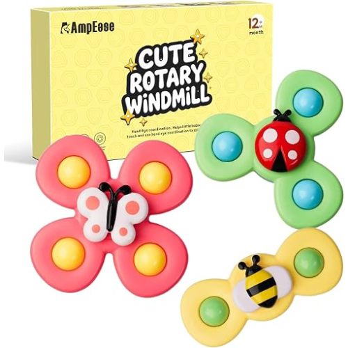 Suction Cup Spinner Toys for Toddlers 1-3, Fidget Spinner Sensory Toys with Rattle, Fun Insect Bath & Travel Toys for Babies 0-6-12 Months, Spinning Toy for High Chair & Car Window