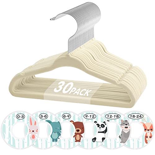 VIS'V Baby Hangers, 11 Inch Velvet Kids Hangers with 6 Pcs Clothes Size Dividers, Infant Toddler Nursery Closet Organization, Non Slip, Beige, 30 Pcs