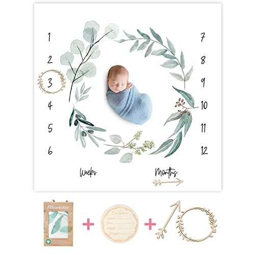 Organic Baby Monthly Milestone Blanket Newborn Boy Girl Unisex Gender Neutral| Green Leaf Wreath Eucalyptus Baby Nursery Month Picture Blanket| Growth Photography Background Prop|Birth Announcement