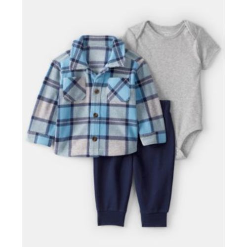 Baby Boys 3-Piece Plaid Long-Sleeve Shacket, Bodysuit and Pants Set