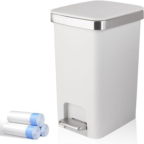 Small Bathroom Trash Can with Lid and 3 Rolls Trash Bags, Step Pedal Wastebasket Plastic Garbage Can with Pop-Up Lid 2.6 Gallon Bin for Kitchen, Bedroom, Office, Dorm, Laundry, Toilet, Rv, White