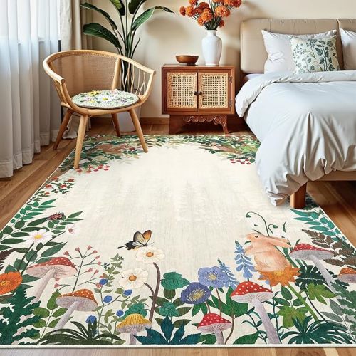 GarveeHome 4x6 Washable Area Rug for Living Room, Jungle Animal Floral Print Nursery Bedroom Rugs Soft Non Slip Stain Resistant Cute Playroom Carpet with Rabbit Squirrels Print, Beige