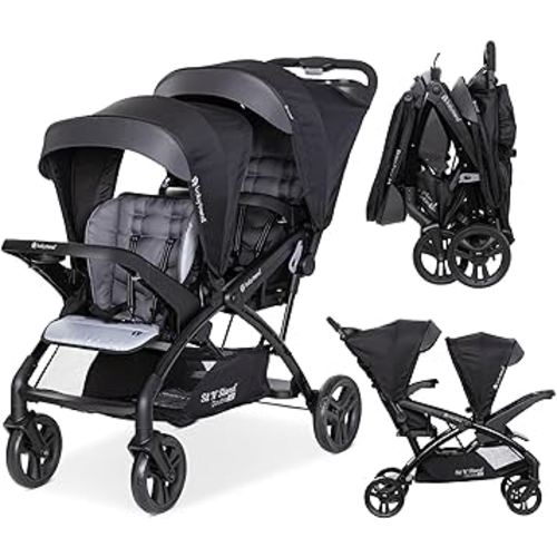 Baby Trend Double Stroller with Canopy Visors, Storage Basket and 2 Cup Holders, Sit N' Stand 2.0 DLX, Stormy – Foldable Infant and Toddler Tandem Stroller and Travel System