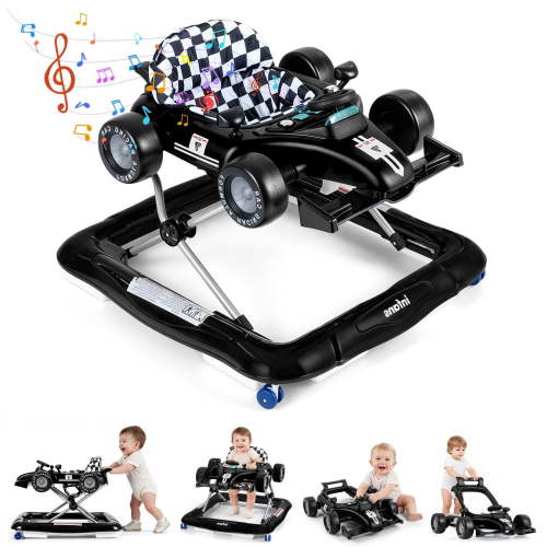 INFANS 4 in 1 Baby Walker with Adjustable Height, Padded Seat, Music, Light, Removable Toy Tray, Push Walker for Girls Boys Aged 6-18 Months Black