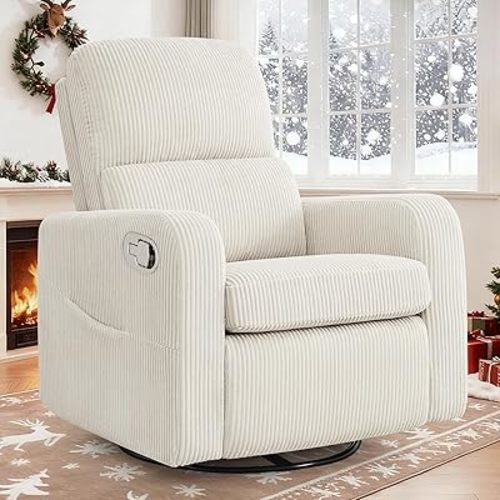 Swivel Rocker Recliner, Oversized Manual Nursery Glider Rocking Recliner Chair with Removable Cushion, Upholstered Swivel Reclining Chair for Nursery Living Room Bedroom, Corduroy White