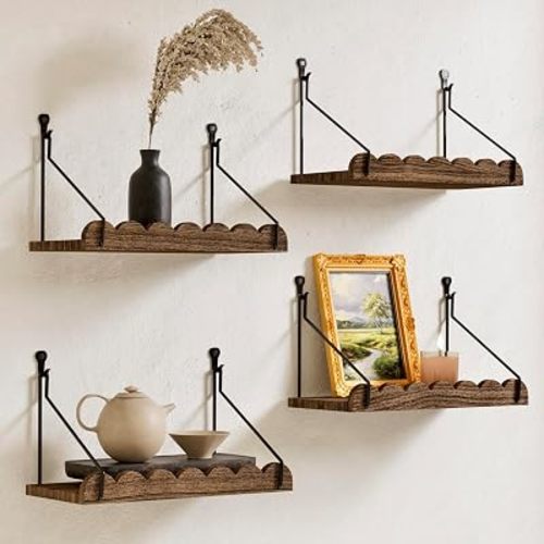 Scalloped Floating Shelves for Wall, 4 Pack 11.8 inch Paulownia Wood Wall Shelves with Decorative Metal Rail, Rustic Display Shelf for Plants, Bathroom, Bedroom, Living Room & Home Decor