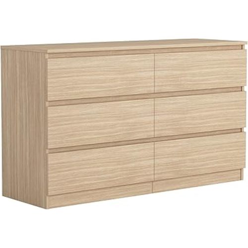Vibe & Dine 6 Drawer Double Dresser, Modern Chest of Drawers with Wide Storage for Closet, Bedroom, Living Room, Natural Wood