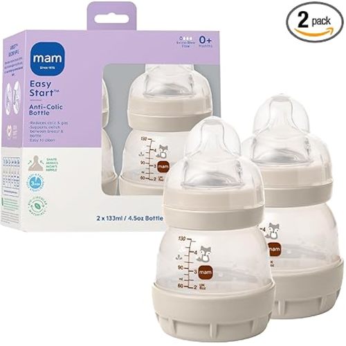 MAM 4.5oz Easy Start Anti-Colic+ Wide Neck Vented Baby Bottle, Extra Slow Flow Breastfeeding-Like Silicone Nipple, Reduces Colic, Gas & Reflux, Easy to Clean, BPA Free, 0+ Months, Unisex