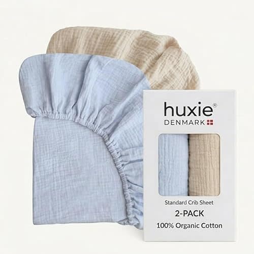 Crib Sheets – Organic Cotton Muslin Fitted Crib Sheet – Standard Size for Baby Boys 28" x 52" Ultra-Soft and Breathable. 2-Pack(Baby Blue/Fog)