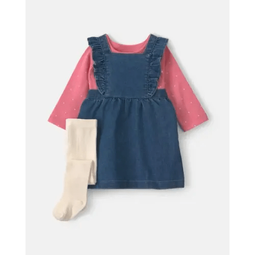 Baby Girl 3-Piece Polka Dot Chambray Long-Sleeve Dress Set - Pink/Indigo | Carter's
