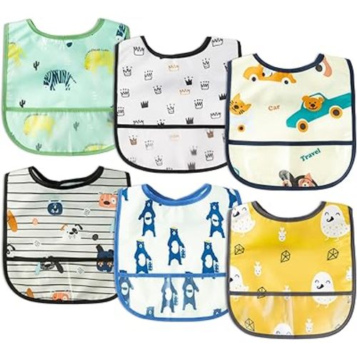 6Pcs Waterproof Toddler Bibs, Baby Feeding Bib for Eating with Pocket