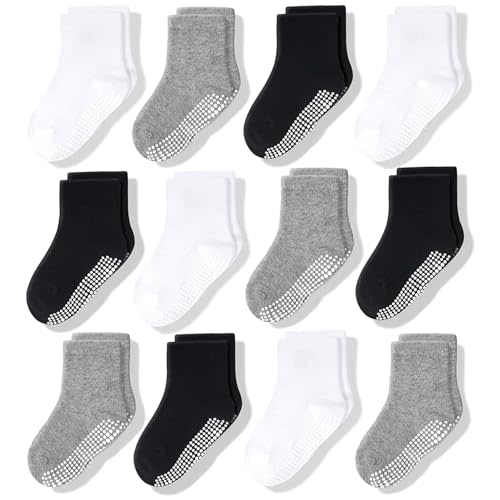 CozyWay Baby & Toddler Socks With Grippers Non Slip Crew Grip Socks for Girls and Boys Soft Comfy Cotton - 12 Pack