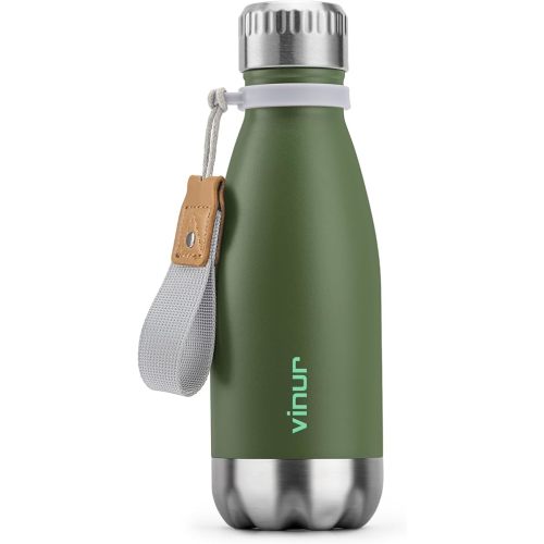 VINUR 9 oz Small Water Bottle | Leak-Proof Stainless Steel Metal Water Bottle with Carry Rope for School Travel, Grass Green