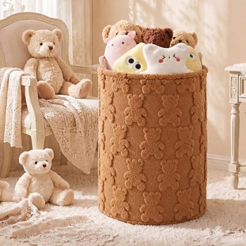 Bear Brown Laundry Hamper 18 x 14 Inch Fluffy Laundry Basket for Living Room Nursery Hamper Foldable Storage Bin with Handle for Home Clothes Organization