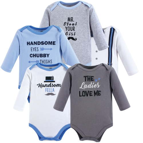 Luvable Friends Hudson Baby Long-Sleeve Bodysuits 5pk, Little Gentleman, 3-6M