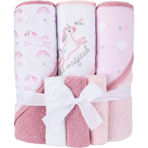 Viviland Baby Towels and Baby Wash Cloths Set Hooded Baby Towels Baby Wipes Absorbent Bath Face Towels Burp Cloths or Face Towels for Girl Boy 6-Pack Size 28 x 28 Inch(Unicorn Rainbow)