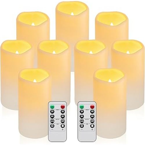 9PACK Outdoor Waterproof Plastic flameless Candles with Remote Control LED Flickering Battery Operated Pillar Candles Cycling 24 Hours Timer (D3 xH5.5) for Camping, Weddings, Party,Home Decoration