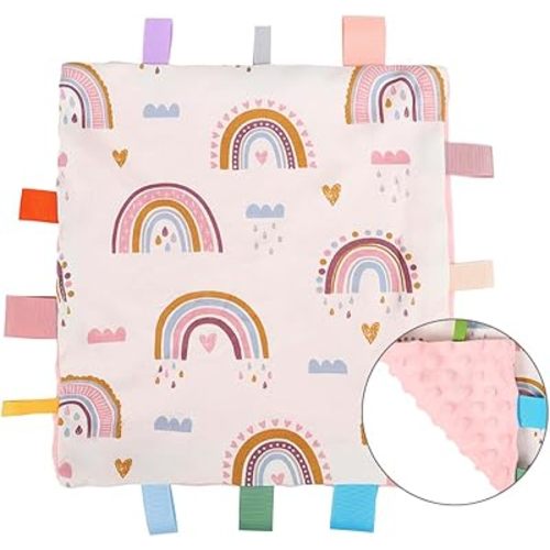 Baby Tags Security Blanket, Sensory Soothing Blanket with Tags, Dotted Backing Taggies for 3-12 Months Boys and Girls (Rainbow)