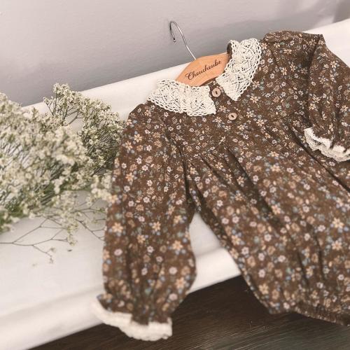 Baby Girl Floral Cotton Romper, Brown Fallen Leaves Dress, Vintage Lace Collar