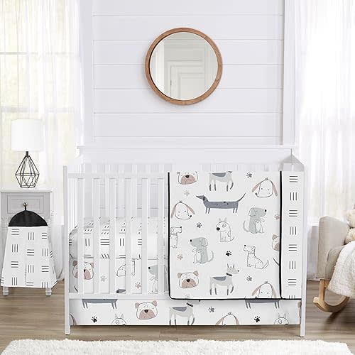 Sweet Jojo Designs 4-Piece Baby Crib Bedding Set (Puppy Dog) for Boys or Girls, Infants/Nursery incl. Blanket, Fitted Sheet, Skirt, Diaper Stacker (Neutral, Taupe, Blue, Modern, Black and White Hatch)