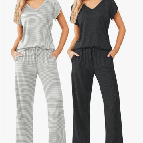 Ekouaer 2 Pack Womens Pajamas Short Sleeve Sleepwear Top with Pants Super-Soft Printed Lounge Sets S-XXL